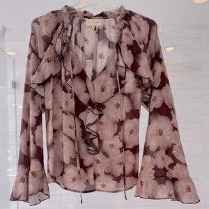 Floral Ruffle V-Neck Blouse Bell Sleeves - Mauve/Brown
